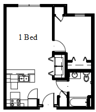 Floor plan for 1 bed, 1 bath, 649 sqft